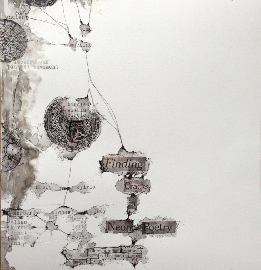Circles within circles (detail), From the series Suspended Beliefs, 2013, Ink, collage and manual typewriter on paper 36 x 8.5 inches