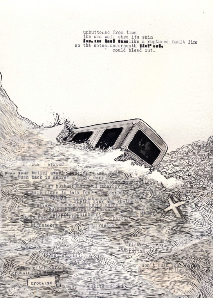 Hush Harbor (detail), From the series Suspended Beliefs, 2013, Ink, collage and manual typewriter on paper 19.75 x 8.5 inches
